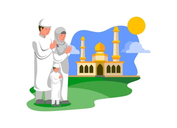 Preghiera Famiglia Con Illustrazione Della Moschea Nel Design Piatto — Vettoriale Stock