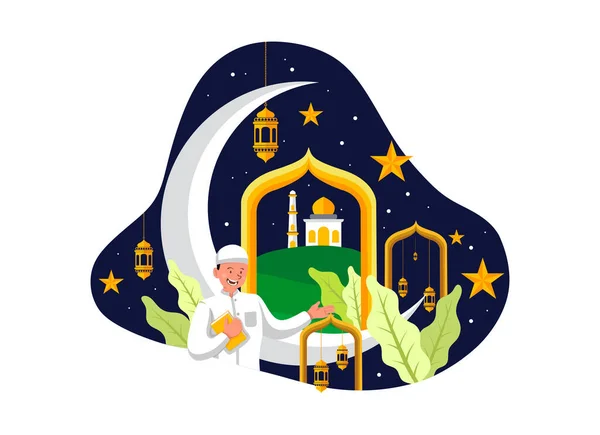 Ramadan Bertema Flat Design Illustration Boy Holding Quran - Stok Vektor