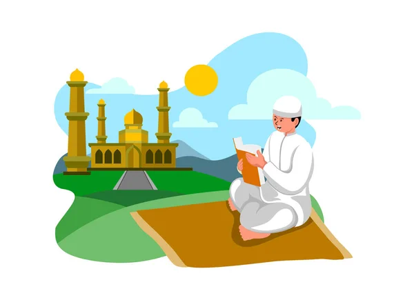 Плоский Дизайн Иллюстрации Мальчика Читающего Коран Фоном Мечети — стоковый вектор