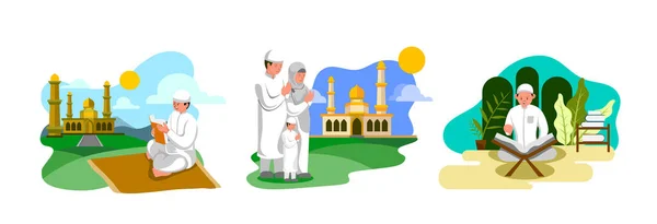 Design Piatto Illustrazioni Persone Che Pregano Leggono Corano Nella Moschea — Vettoriale Stock
