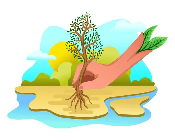 Ilustración Mano Plantar Árbol Para Futuro Millón Árboles Movimiento — Vector de stock