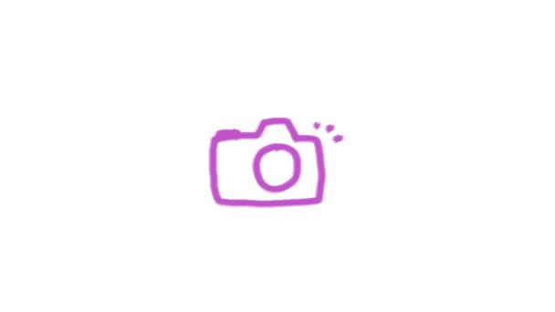 カメラのアニメーション紫色のシンボル 手書きのスクリブルアイコン 白い画面の背景に独立したベクトルイラスト — ストック動画