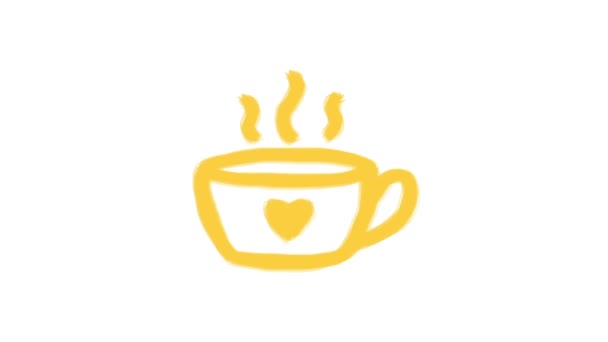 Animált Sárga Szimbóluma Csésze Teát Kézzel Rajzolt Firka Ikon Kávézó — Stock videók