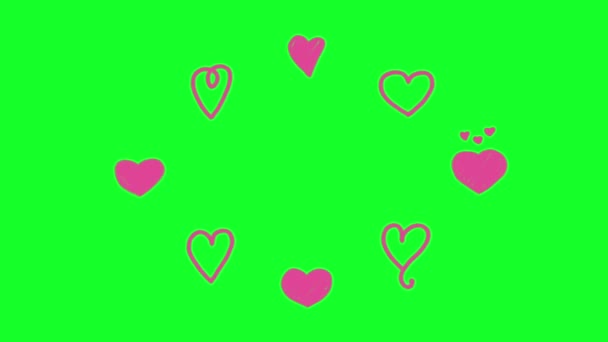 一组动画手绘心脏隔离在绿色背景下 阿尔法频道的卡通涂鸦风格 情人节的紫心 — 图库视频影像
