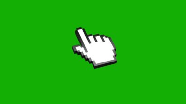 Beyaz retro bilgisayar elinin ya da parmak imleç simgesinin pikselleştirilmiş 3D modeli. Yeşil bir ekranın krom arkaplanına tıklayan izometrik bir fare imlecinin canlandırması.