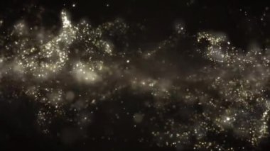 Soyut hareket arka planı altın parçacıkları parlıyor. Bokeh 'le parıldayan parçacıklar. Popüler, modern, noel, yeni yıl, bayram, düğün geçmişi. Kusursuz 4K döngü video canlandırması.