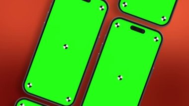 Akıllı telefonun göstergeli boş yeşil ekranı çerçeveye doğru dönüyor. Luma mat, arka plan değişikliği için dahil. Modern çerçevesiz tasarım, hareket bulanıklığı yok ve odaklanma