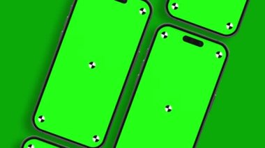 Akıllı telefonun göstergeli boş yeşil ekranı çerçeveye doğru dönüyor. Luma mat, arka plan değişikliği için dahil. Modern çerçevesiz tasarım, hareket bulanıklığı yok ve odaklanma