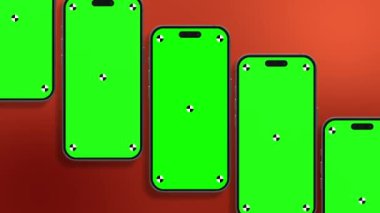 Akıllı telefonun göstergeli boş yeşil ekranı çerçeveye doğru dönüyor. Luma mat, arka plan değişikliği için dahil. Modern çerçevesiz tasarım, hareket bulanıklığı yok ve odaklanma