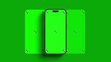Akıllı telefonun göstergeli boş yeşil ekranı çerçeveye doğru dönüyor. Luma mat, arka plan değişikliği için dahil. Modern çerçevesiz tasarım, hareket bulanıklığı yok ve odaklanma