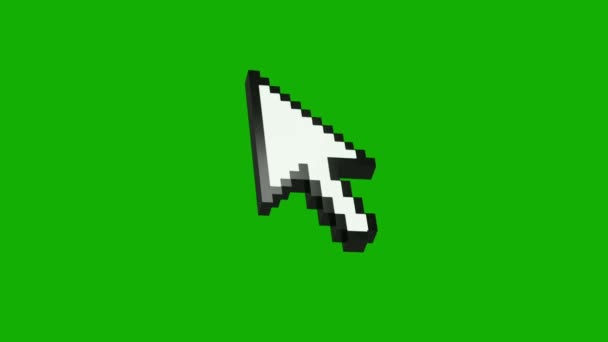 ホワイトレトロなコンピュータの矢印またはカーソルアイコンの3Dモデルがピクセル化されました マウスポインタのアニメーション緑の画面をクリッククロマキーの背景 — ストック動画