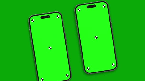インジケータ付きのスマートフォンの空白の緑の画面は フレームに回転して飛んでいます ラママットが付属しているので簡単に交換できます 現代的なフレームレスなデザイン モーションブラー フォーカスなし — ストック動画