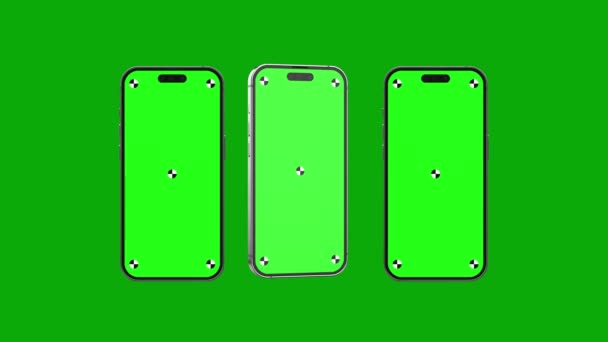インジケータ付きのスマートフォンの空白の緑の画面は フレームに回転して飛んでいます ラママットが付属しているので簡単に交換できます 現代的なフレームレスなデザイン モーションブラー フォーカスなし — ストック動画