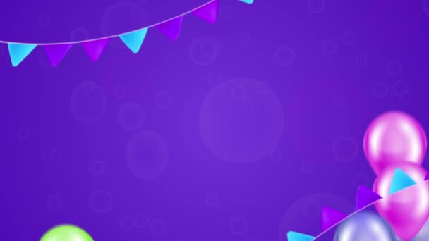 Colorful Balloon Transition Purple Background Colorful Balloon Flags Ribbons Birthday — Stock Video