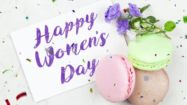 Happy Womens Day Card Background Colorful Confetti Falling Animation Celebrate — Stock Video