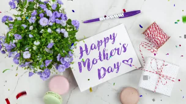 Happy Mothers Day Card Fondo Colorido Confetti Falling Animation Celebra — Vídeos de Stock