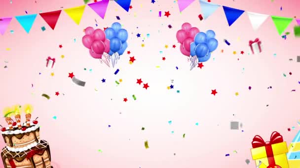 Fondo Torta Cumpleaños Colorido Confetti Falling Animation Celebra Las Fiestas — Vídeos de Stock