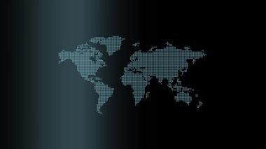Parçacıklardan oluşan bir ızgaranın soyut dijital teknojenik arkaplanı ve bir dünya haritası, kameranın görünümünü değiştiriyor