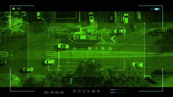 ハイテクターゲット監視ソフトウェアインターフェース道路上の車をスキャンします 高度なターゲットスキャンのためのハイテクドローン制御Ui ハイテクシティセキュリティシステムでのターゲットスキャン 技術だ 刑事追跡 — ストック動画