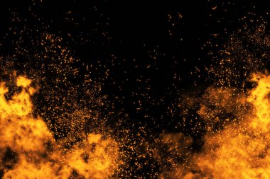 Ateş siyah arkaplanda parçacıkları kor haline getirir. Ateş arka planda kıvılcım.