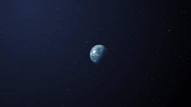 Uzaydan görülen Dünya 'nın animasyonu, karanlık arka planda dönen uydu görüntüsü. Küresel uzay keşfi uzay yolculuğu konsepti dijital olarak oluşturuldu. 4k