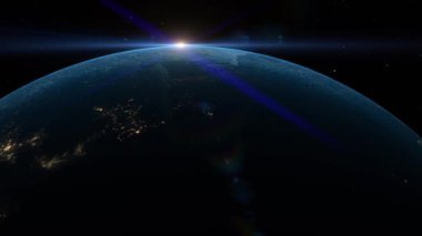 Uzaydan görülen Dünya 'nın animasyonu, karanlık arka planda dönen uydu görüntüsü. Küresel uzay keşfi uzay yolculuğu konsepti dijital olarak oluşturuldu. 4k