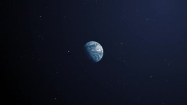 Uzaydan görülen Dünya 'nın animasyonu, karanlık arka planda dönen uydu görüntüsü. Küresel uzay keşfi uzay yolculuğu konsepti dijital olarak oluşturuldu. 4k