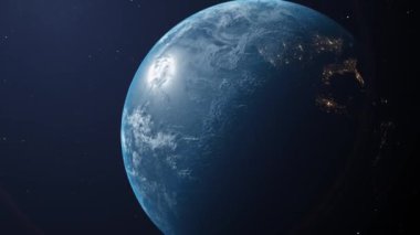 Uzaydan görülen Dünya 'nın animasyonu, karanlık arka planda dönen uydu görüntüsü. Küresel uzay keşfi uzay yolculuğu konsepti dijital olarak oluşturuldu. 4k