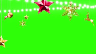Düşen Kar Taneleri, Animasyon Noel Ağacı Oyuncakları ve Yeşil Ekrandaki Işıklar ile Büyülü Şenlikli Kış Arkaplanı