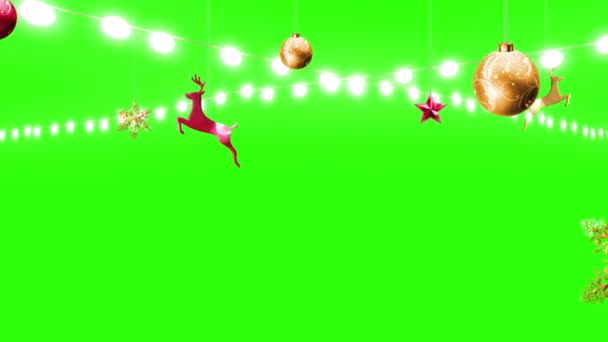 Düşen Kar Taneleri Animasyon Noel Ağacı Oyuncakları Yeşil Ekrandaki Işıklar — Stok video
