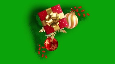 Şeffaf Arkaplan 'da Noel Baloları, Çelenk ve Yılanlı Yeşil Noel Ağacı Dalları' nın Döngüsü. Yeni Yıl Videoları için Dekorasyon Çerçevesi