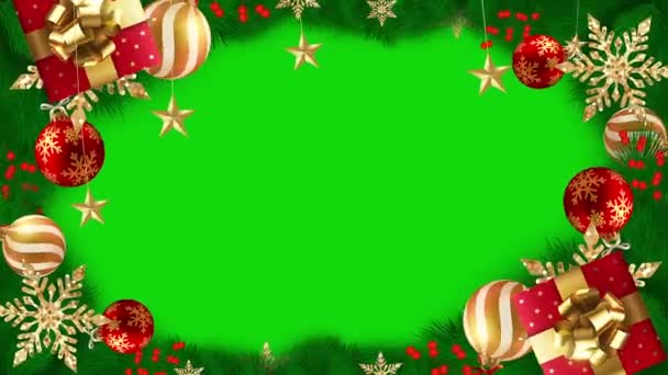 Geschlungene Animation Eines Grünen Weihnachtsbaumzweiges Mit Dekorationen Weihnachtskugeln Girlanden Und — Stockvideo