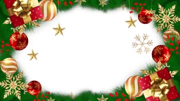 Gelukkig Vrolijk Kerstboom Met Geschenken Sneeuw Ster Ballen Woede Kader — Stockvideo