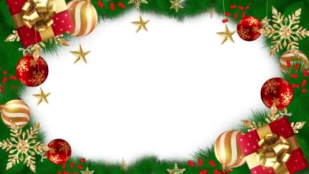 Árvore Natal Feliz Com Presentes Neve Estrela Bolas Quadro Grinalda — Vídeo de Stock