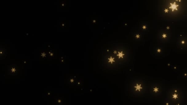 Golden Snowflakes Vallen Zwarte Achtergrond Kopieerruimte Kerst Nieuwjaar Looped Animatie — Stockvideo