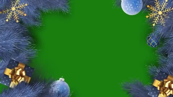 グリーンバックグラウンドのクリスマスボールとパインツリーフレーム アニメーションクリスマスフレーム — ストック動画