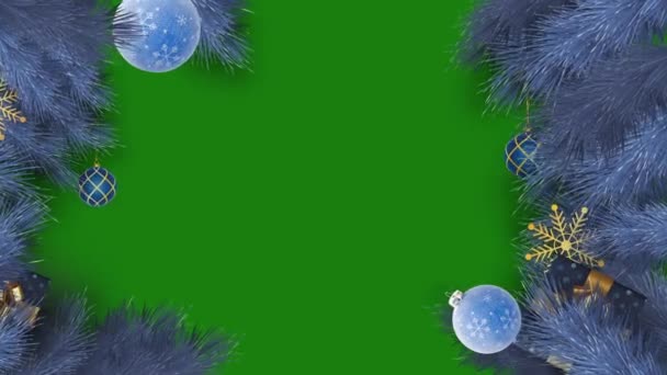 Weihnachtskugel Und Kiefernrahmen Auf Grünem Hintergrund Animierter Weihnachtsrahmen — Stockvideo