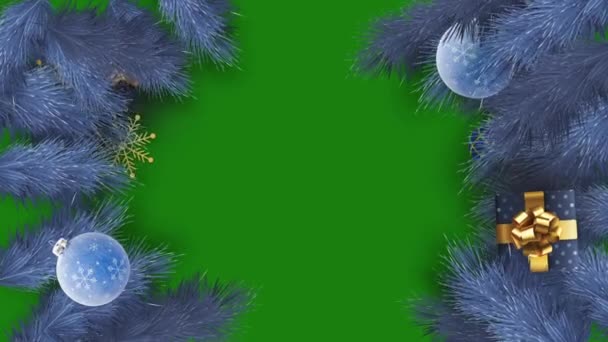 Weihnachtskugel Und Kiefernrahmen Auf Grünem Hintergrund Animierter Weihnachtsrahmen — Stockvideo