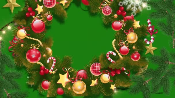 Christmas Ball Pine Tree Frame Zielonym Tle Animowane Ramy Świąteczne — Wideo stockowe