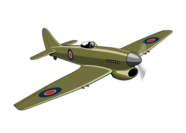 Fighter plane Tempest 1943. WW II aircraft. Vintage airplane. Vector clipart isolated on white.