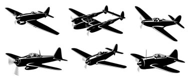 İkinci Dünya Savaşı Savaş Uçakları siluet koleksiyonu beyaza izole edildi. Üçüncü cilt. Vektör klipleri.