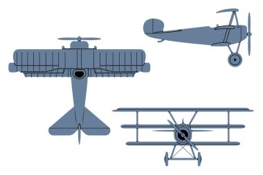 Silhouette of German Fighter Triplane (1917). Top, Side, Front View. Vintage airplane. Vector clipart isolated on white.