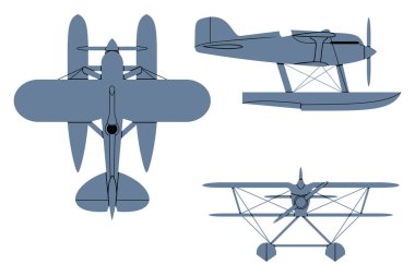 Racer Seaplane Silhouette (1925). Top, Side, Front View. Vintage airplane. Vector clipart isolated on white.