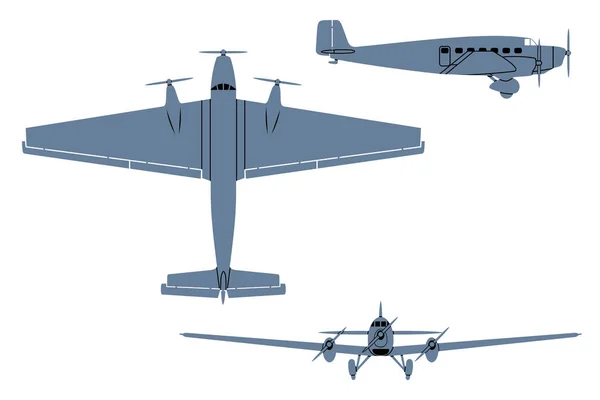 Silhouette of German Military Transport Aircraft, Airliner (1932). Top, Side, Front View. Vintage airplane. Vector clipart isolated on white.