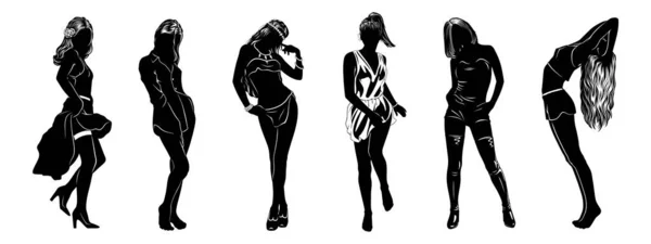 Sexy Girls Silhouettes Set Isolated White Dancing Posing Running Vector — Stock Vector