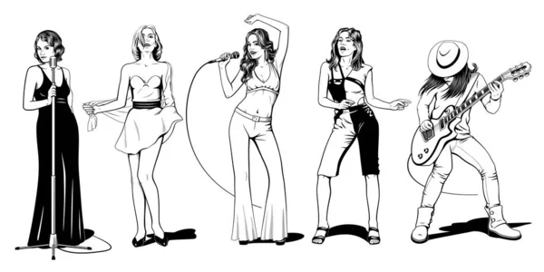 Collection Femmes Musicales Sur Scène Chanteuse Jazz Party Girl Chanteuse — Image vectorielle