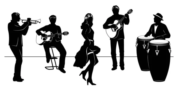 Ensemble Silhouette Groupe Latin Avec Danseuse Quatre Musiciens Latins Jouant — Image vectorielle