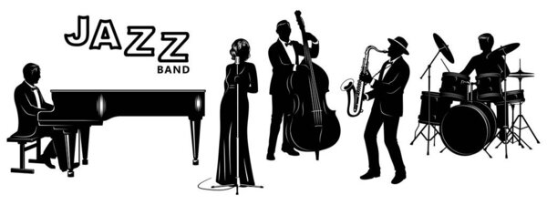 Набор силуэтов Jazz Band. Пианист, певец, контрабасист, саксофонист, барабанщик. Векторные клипарты.
