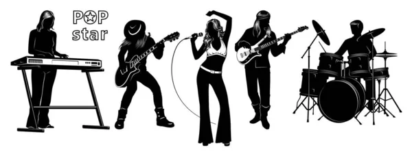 Silhouettes Ensemble Pop Singer Femme Avec Musiciens Keyboardiste Chanteur Guitariste — Image vectorielle