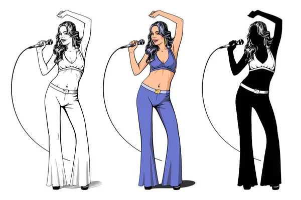Disco Diva Pop Singer Girl Microphone Outline Color Silhouette Cliparts — Stock Vector